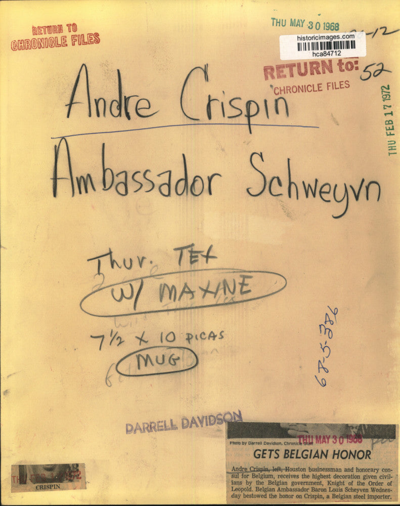 1968 Press Photo Houston businessman Andre Crispin with Baron Louis Scheyven