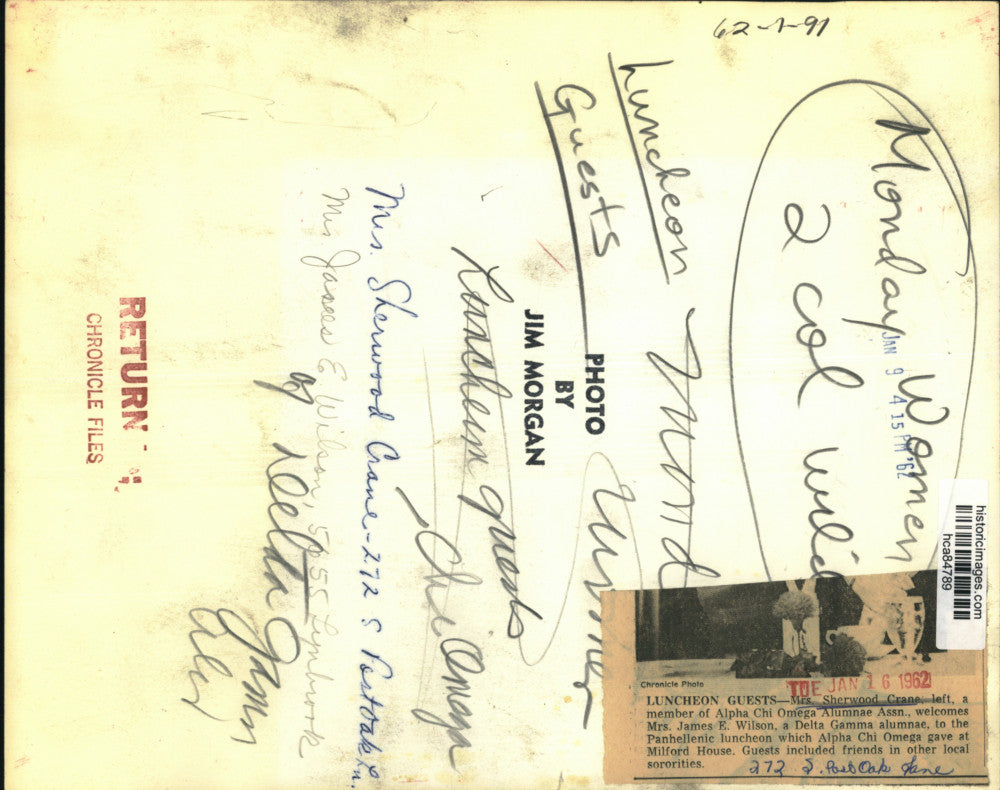 1962 Press Photo Mrs Sherwood Crane and Mrs James E Wilson at Panhellenic lunch