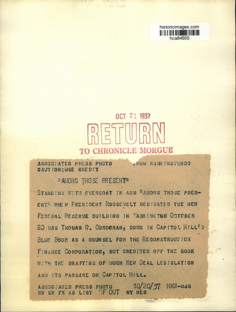 1937 Press Photo Thomas G. Corcoran, counsel for Reconstruction Finance Corp.