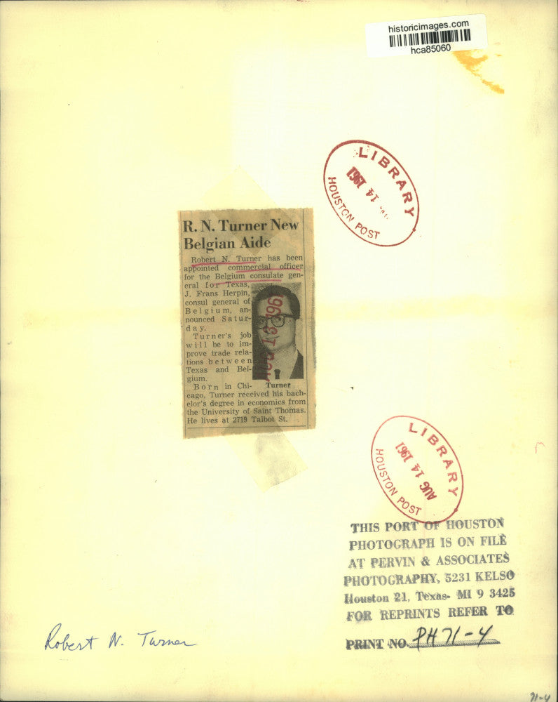 1961 Press Photo Robert N. Turner New Belgium Consulate General Aide for Texas