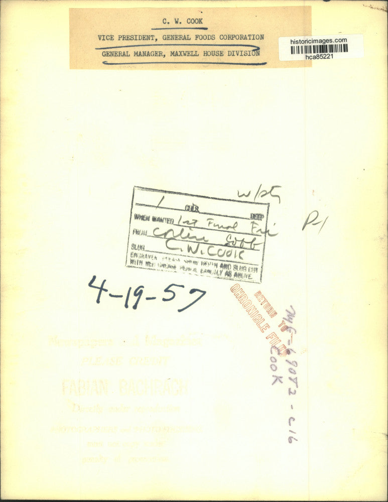 1957 Press Photo C.W. Cook is Vice President of General Foods Corporation