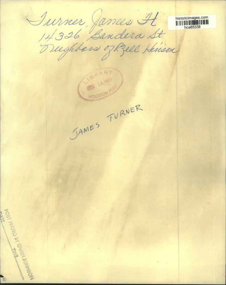 1959 Press Photo James H Turner, 14326 Bandera Street, Neighbor of R Zell Hinson