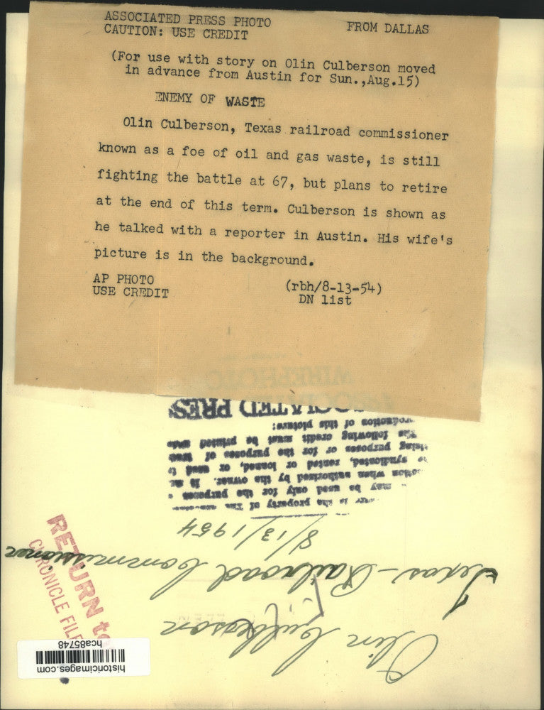 1954 Press Photo Texas railroad commissioner Olin Culberson, Austin - hca85748