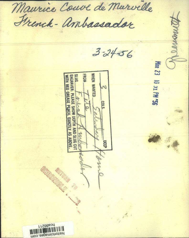 1956 Press Photo Maurice Couve de Murville, Ambassador of France, Houston, Texas