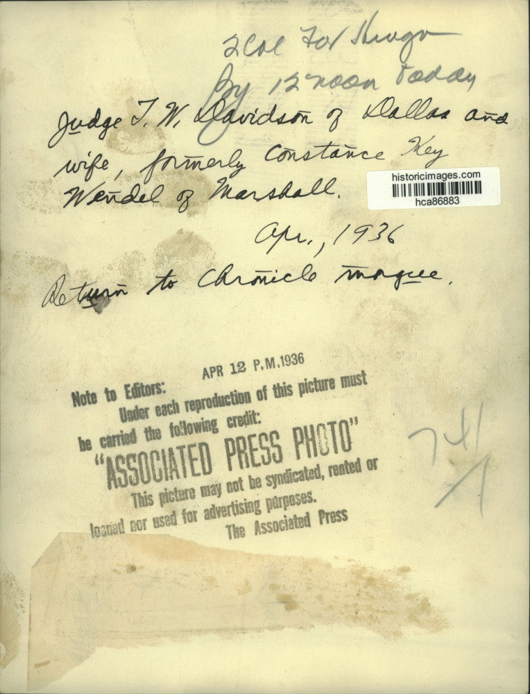 1936 Press Photo Judge T. W. Davidson and his wife Constance - hca86883