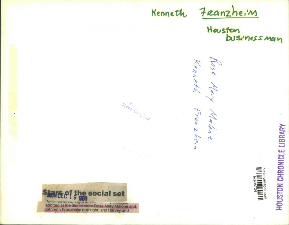 1988 Press Photo Houston businessman Kenneth Franzheim with Rose Mary Malone.