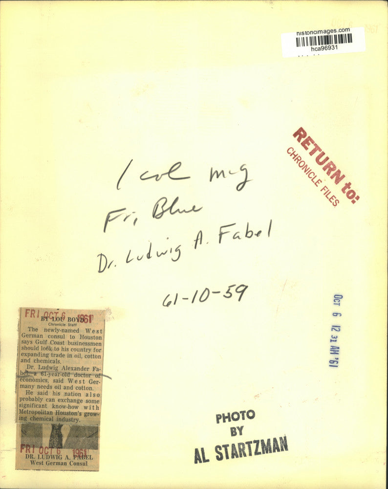 1961 Press Photo Dr. Ludwig Fabel named West German consul to Houston, Texas