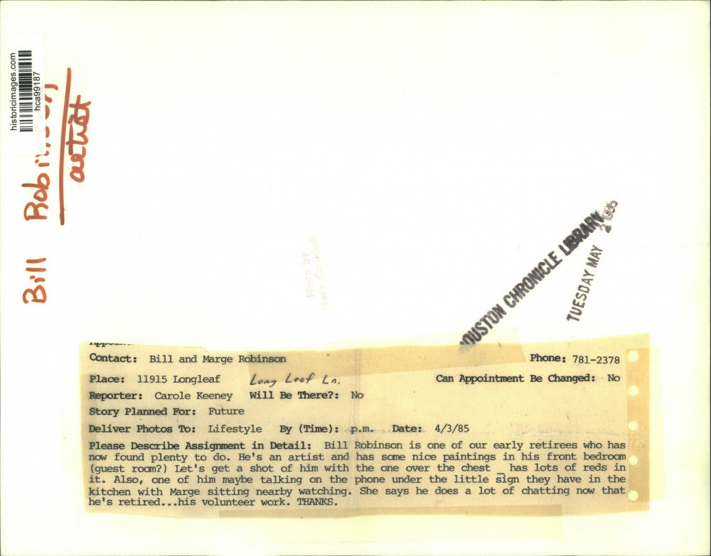 1985 Press Photo Early retiree Bill Robinson spends his time painting