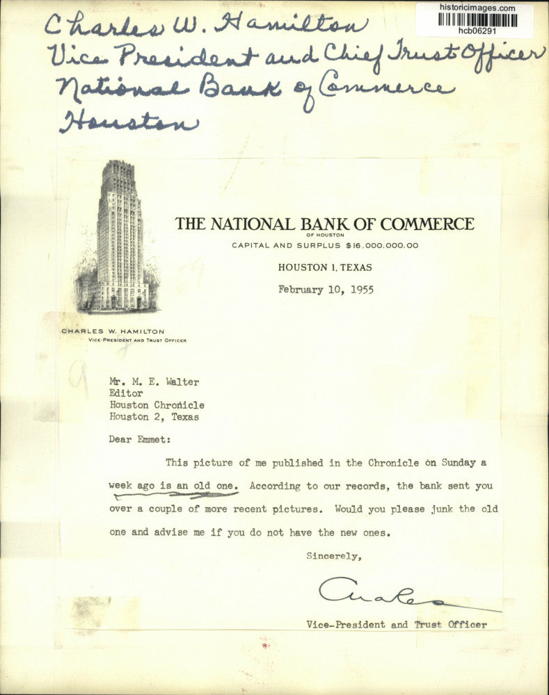 1955 Press Photo Charles W. Hamilton, National Bank of Commerce V.P., Houston
