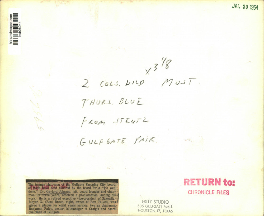 1964 Press Photo Chairmen of Gulfgate Shopping City board of trade honored