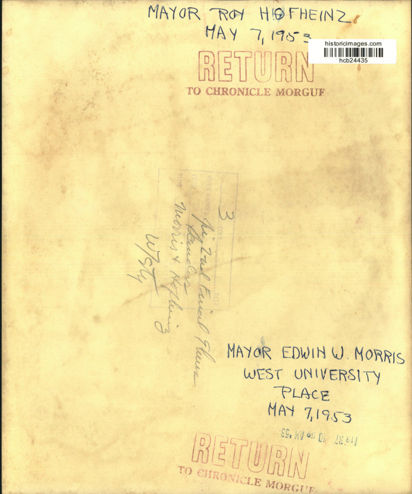 1953 Press Photo Mayor Edwin W. (Roy) Morris, West University Place, Texas