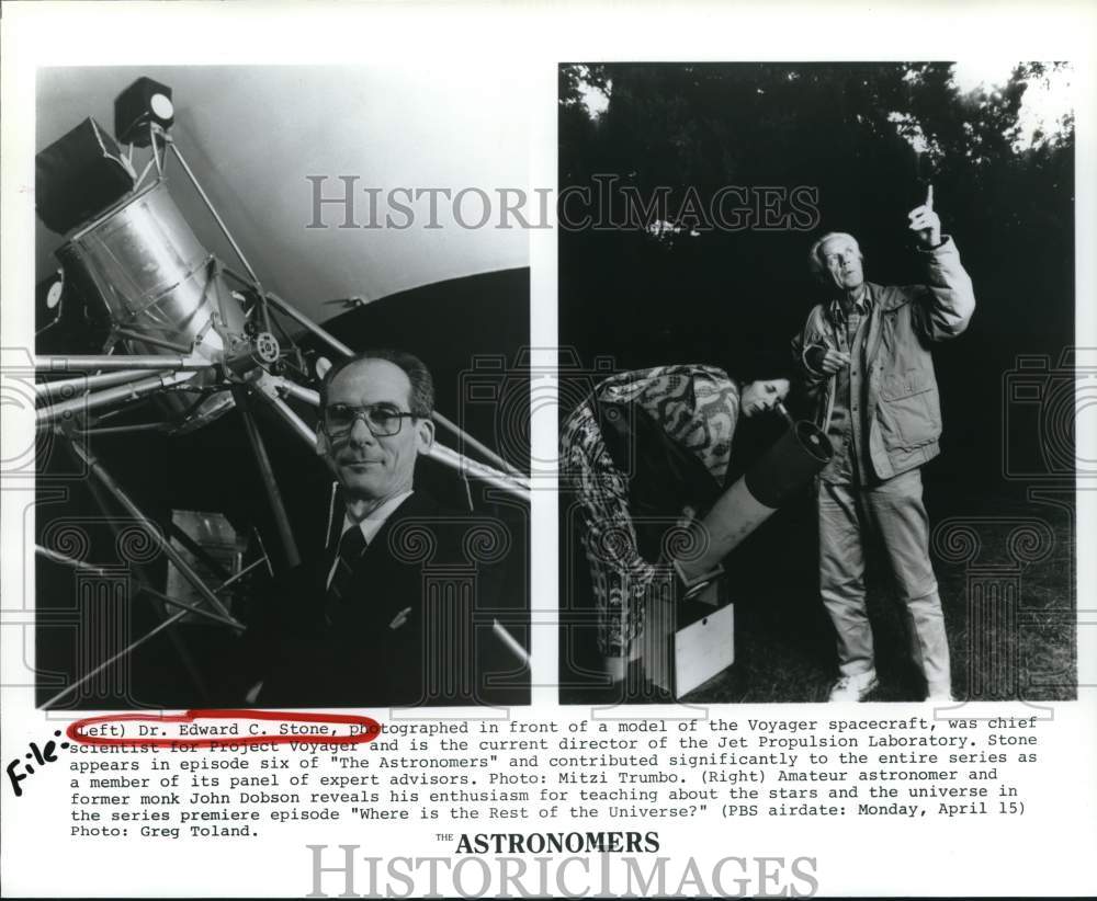 1991 Press Photo Dr. Edward Stone and John Dobson featured in &quot;The Astronomers&quot;- Historic Images