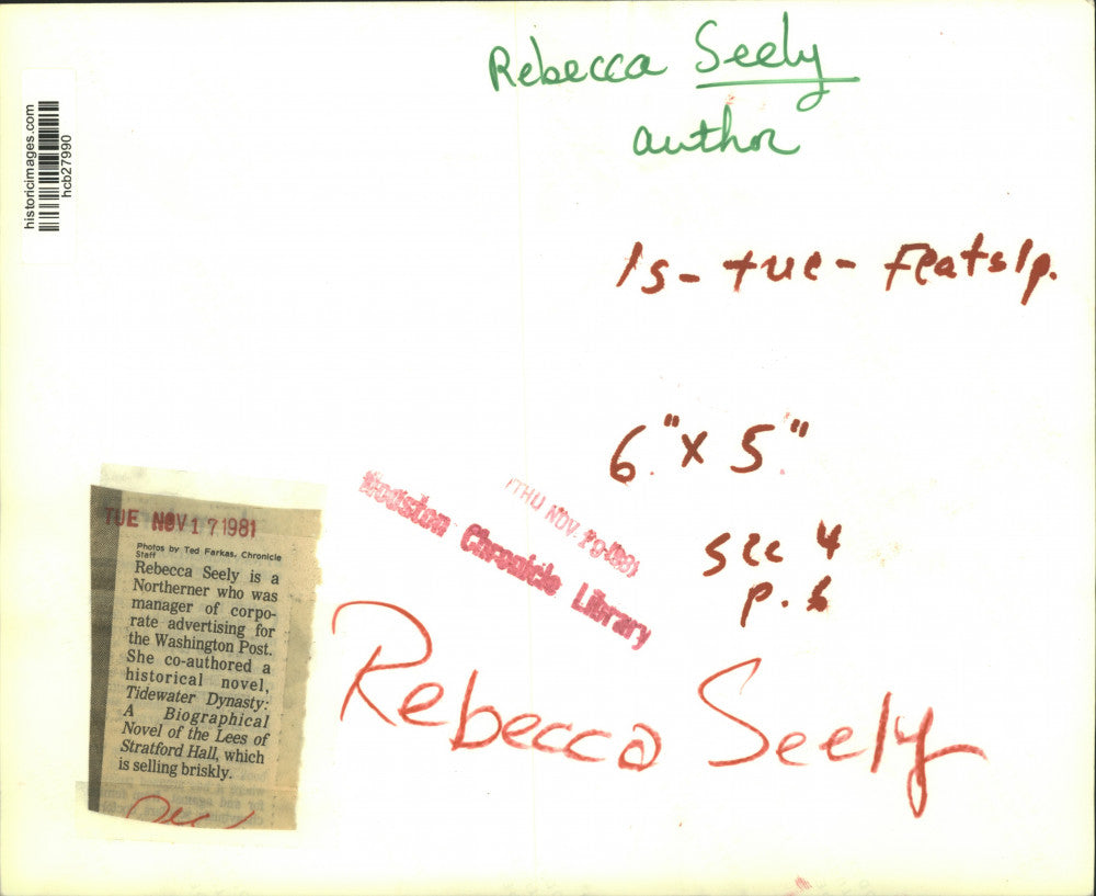 1981 Press Photo Rebecca Seely, Author - hcb27990