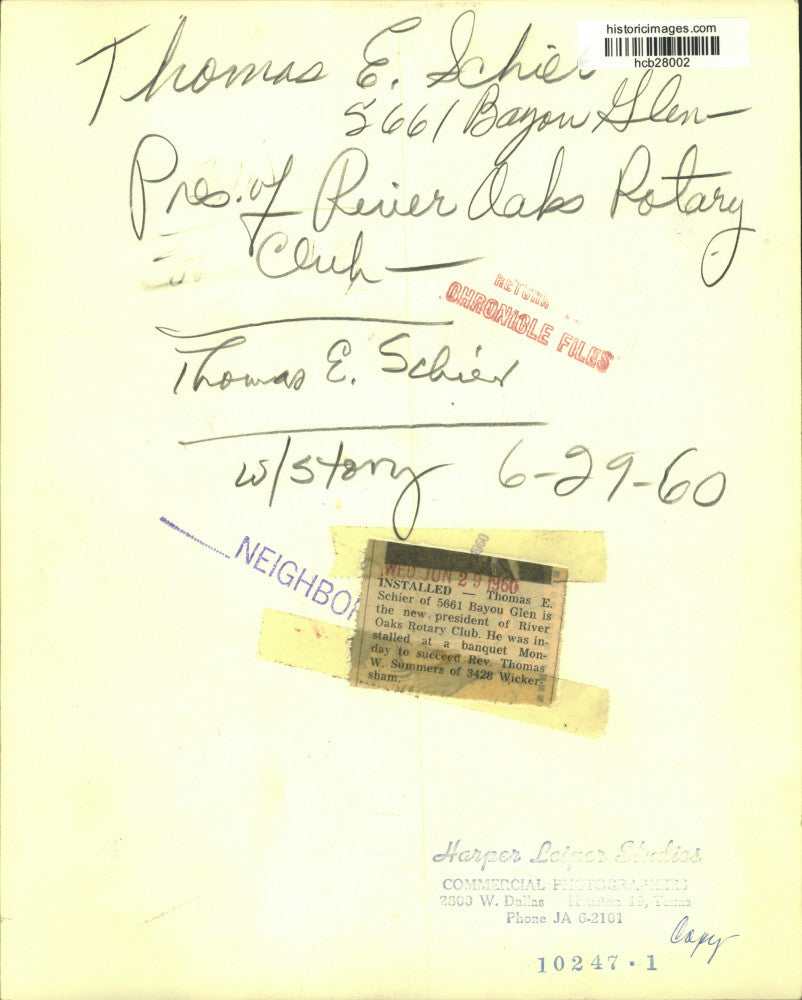 1960 Press Photo Thomas E. Schier, President of River Oaks Rotary Club