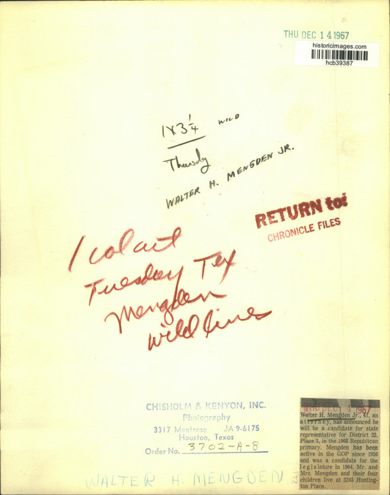 1967 Press Photo Houston, TX Attorney Walter Mengden Jr., candidate for Senate.