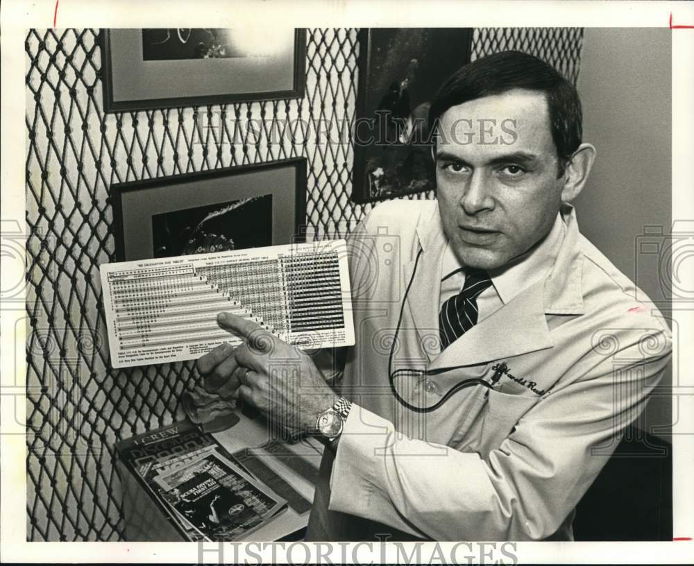 1983 Press Photo Dr. Harold Reuter explains diving chart in Houston - hcb41504- Historic Images