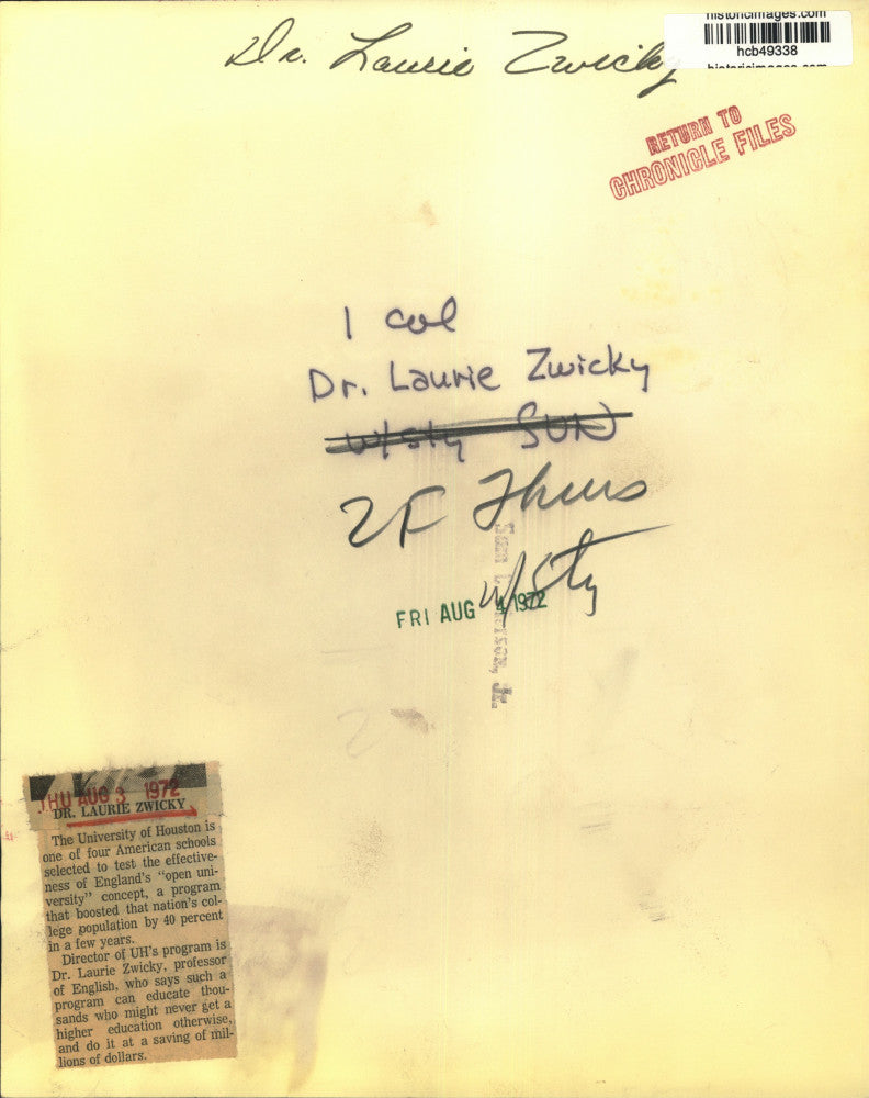 1972 Press Photo University of Houston English Professor, Dr. Laurie Zwicky.