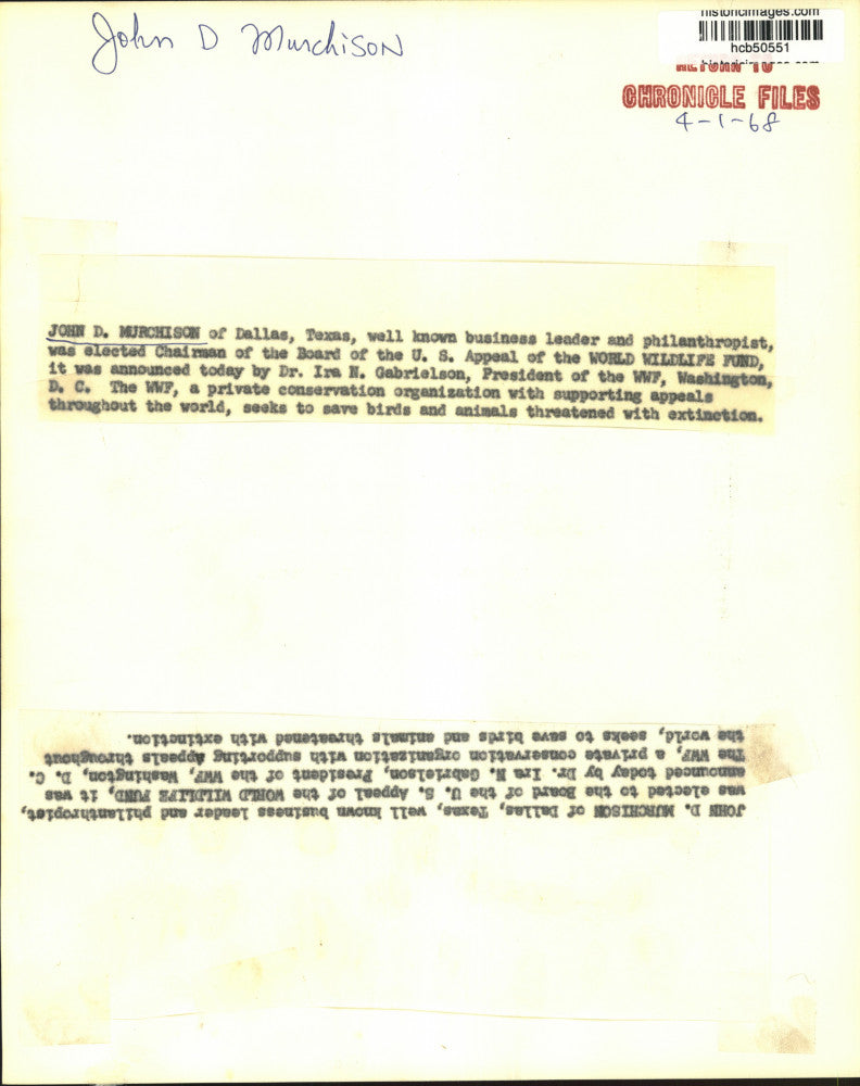 1968 Press Photo John D. Murchison, New Chairman of the World Wildlife Fund