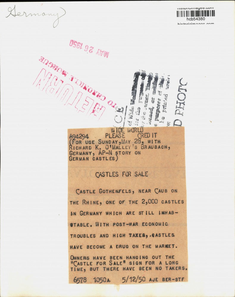 1950 Press Photo Castle Gutenfels on the Rhine River Near Caub, Germany