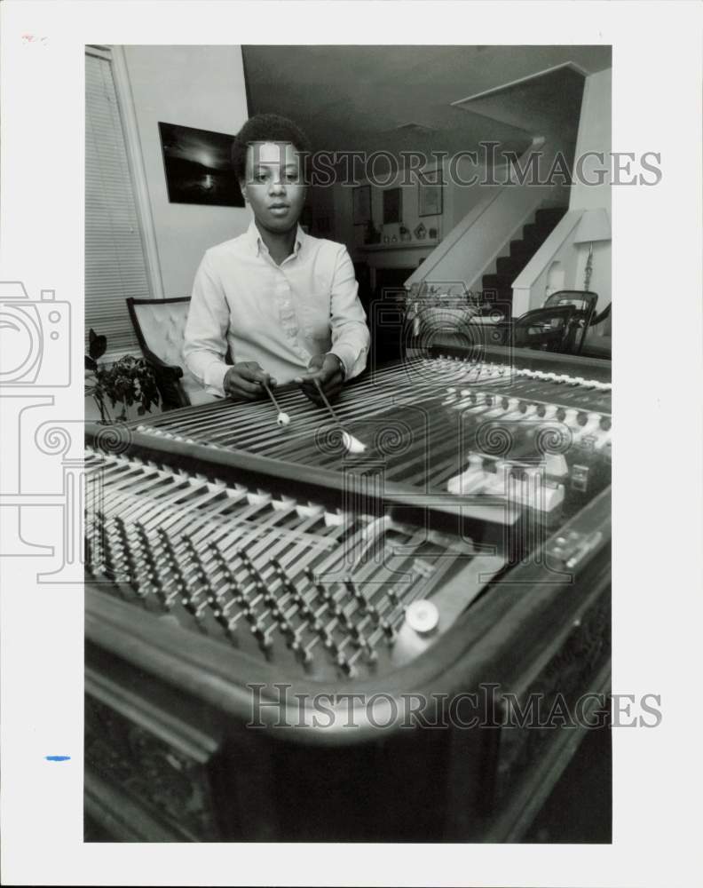 1987 Press Photo Percussionist Lovie Smith plays the Hungarian cimbalom, Texas- Historic Images