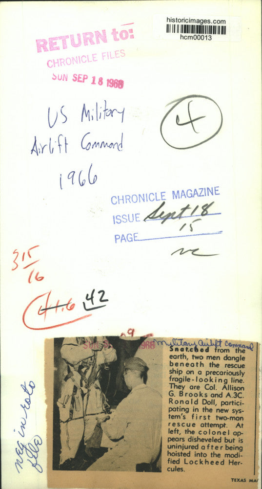 1966 Press Photo Colonel Allison Brooks after being hoisted to Lockheed Hercules