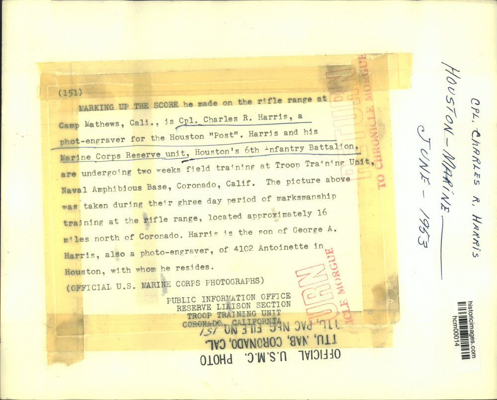 1953 Press Photo Cpl. Charles Harris, Houston Marine Corps Reserve - rifle range