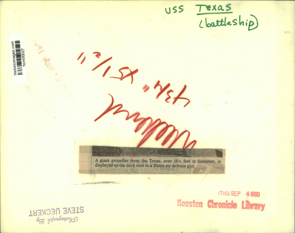 1980 Press Photo Giant propeller from USS Texas battleship - hcm00027