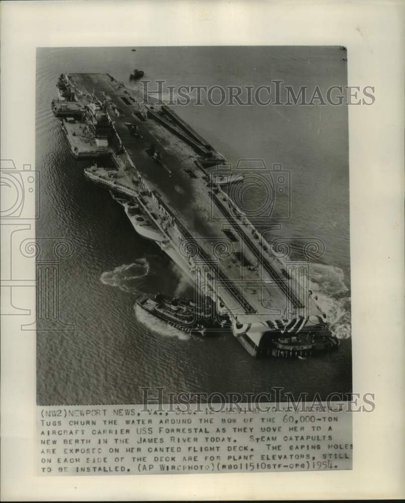 1954 Press Photo Aircraft carrier USS Forrestal moves to James River berth