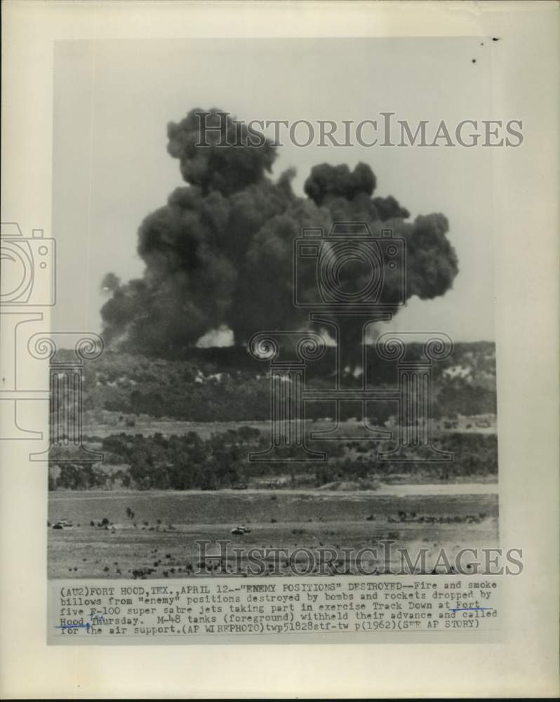 1962 Press Photo Fire & smoke from "Track Down" exercise at Ford Hood, Texas