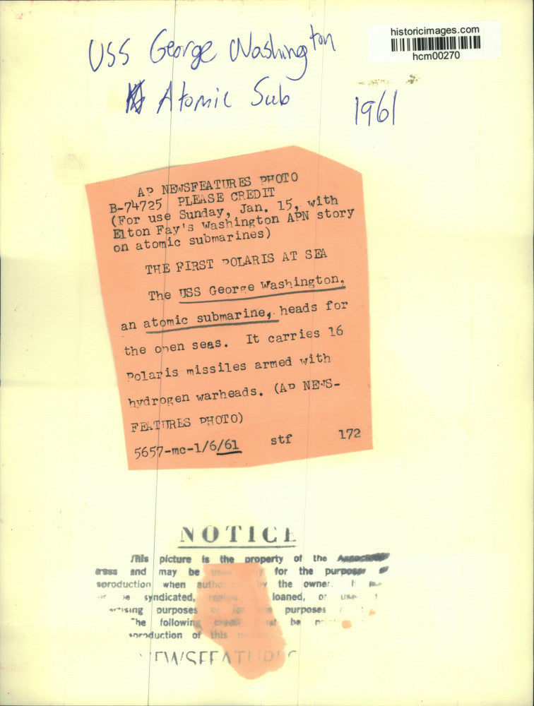 1961 Press Photo Atomic submarine, USS George Washington heads for open seas