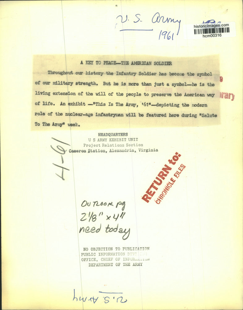 1961 Press Photo U.S. Army infantry soldier - "This Is The Army, 61" - hcm00316