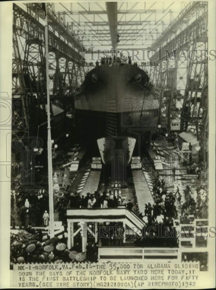 1942 Press Photo Battleship Alabama at Norfolk Navy Yard; 1st launched in 50 yrs