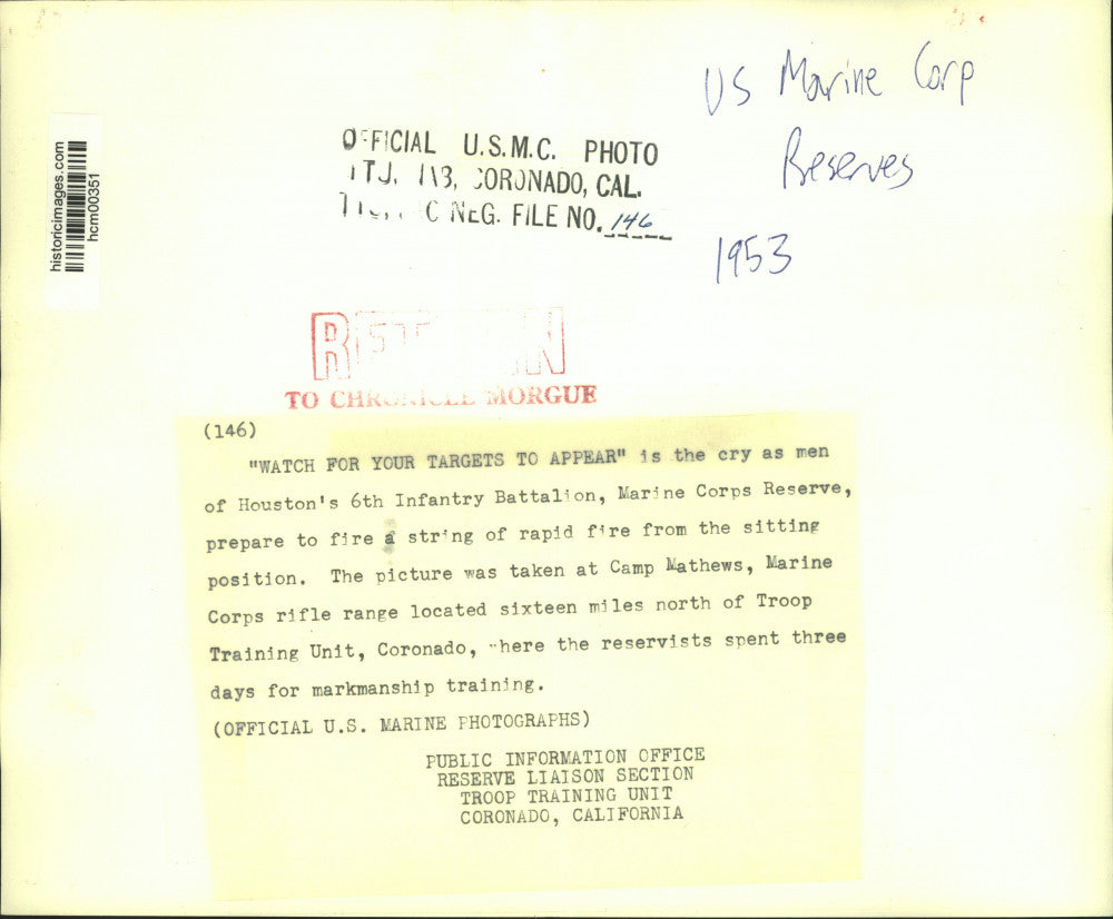 1953 Press Photo Houston 6th Infantry Marine Reserves practice marksmanship; CA