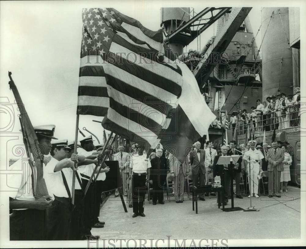 1978 Press Photo Opening ceremonies on deck of USS Texas battleship; Ralph Block