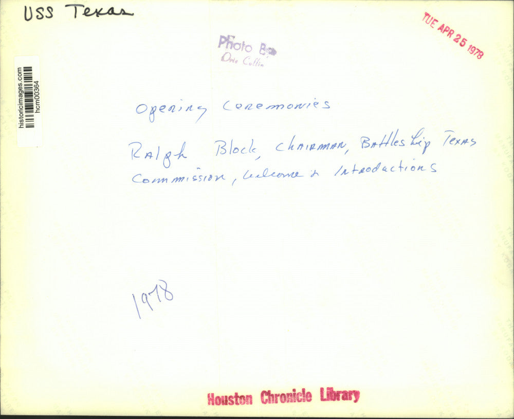 1978 Press Photo Opening ceremonies on deck of USS Texas battleship; Ralph Block