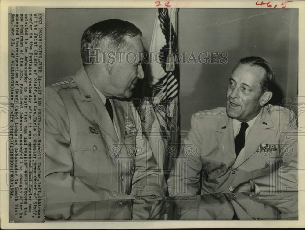 1964 Press Photo Generals Maxwell Taylor & Earle Wheeler meet at Pentagon