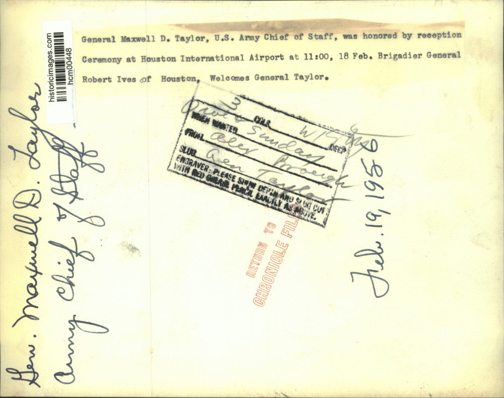 1956 Press Photo Brg. Gen. Robert Ives, Gen. Maxwell Taylor - Houston airport