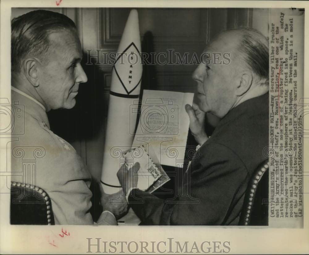 1958 Press Photo Retrieving Jupiter rocket mail; Wilber Brucker, Gen. Taylor