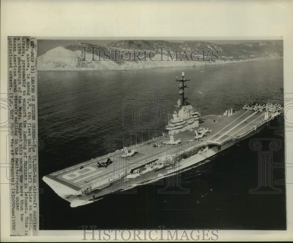 1958 Press Photo U.S. aircraft carrier Wasp - warship - hcm00481