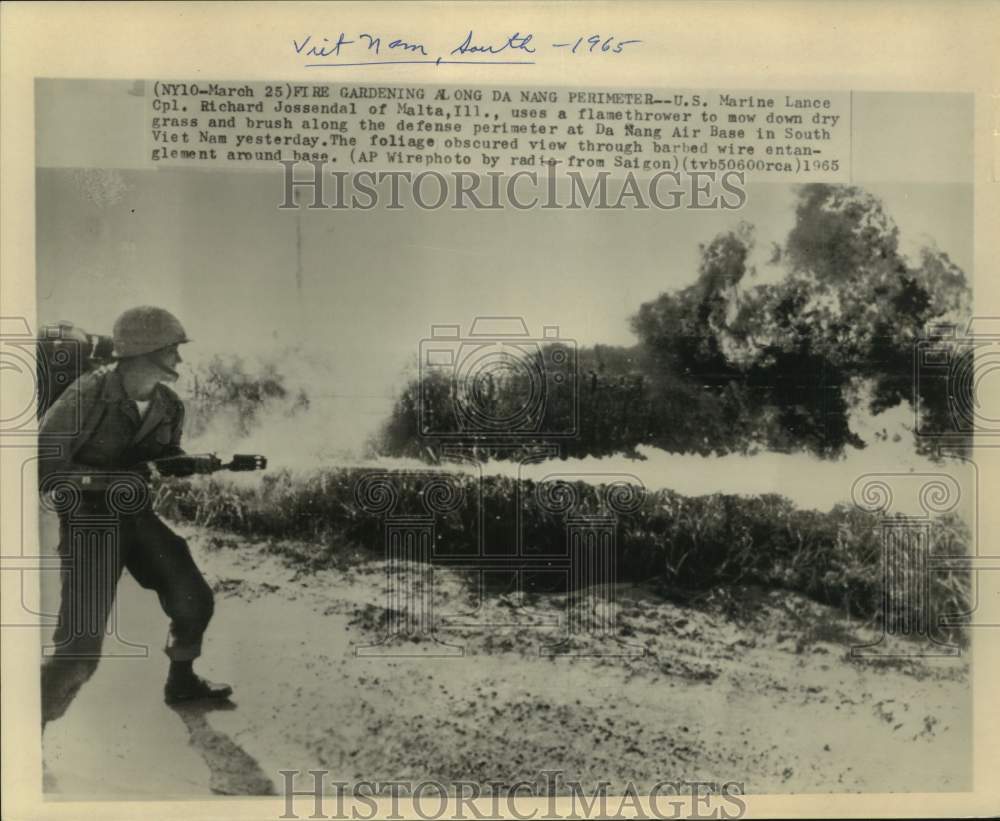 1965 Press Photo Cpl. Richard Jossendal clears brush with flamethrower; Vietnam