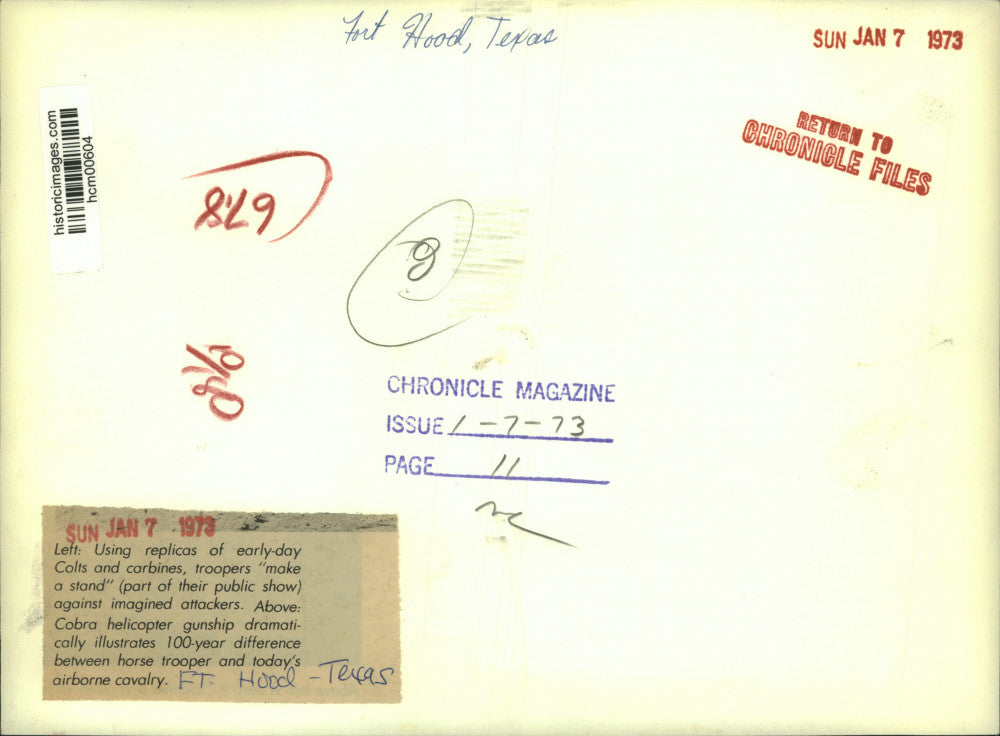 1973 Press Photo Cobra helicopter shares road with horse and rider; Ft. Hood, TX