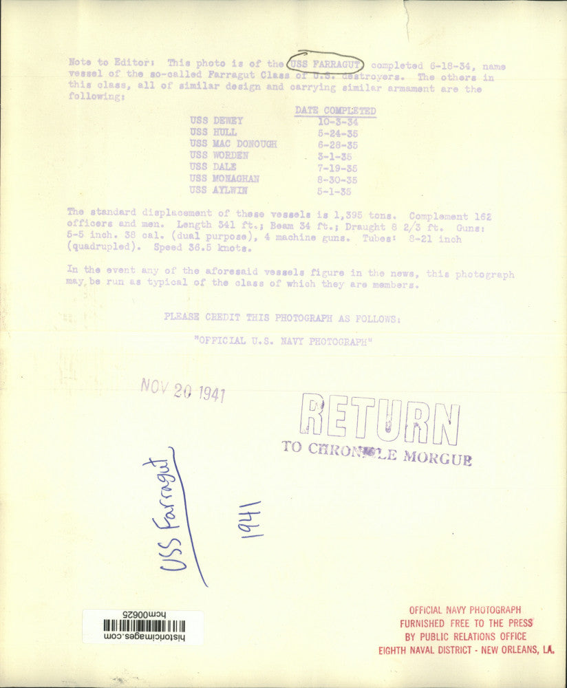 1934 Press Photo USS Farragut - Farragut Class of U.S. destoryers - hcm00625