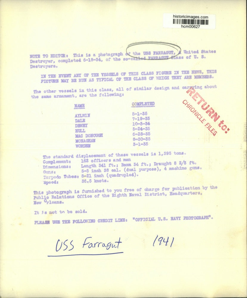 1934 Press Photo USS Farragut U.S. destroyer - hcm00627