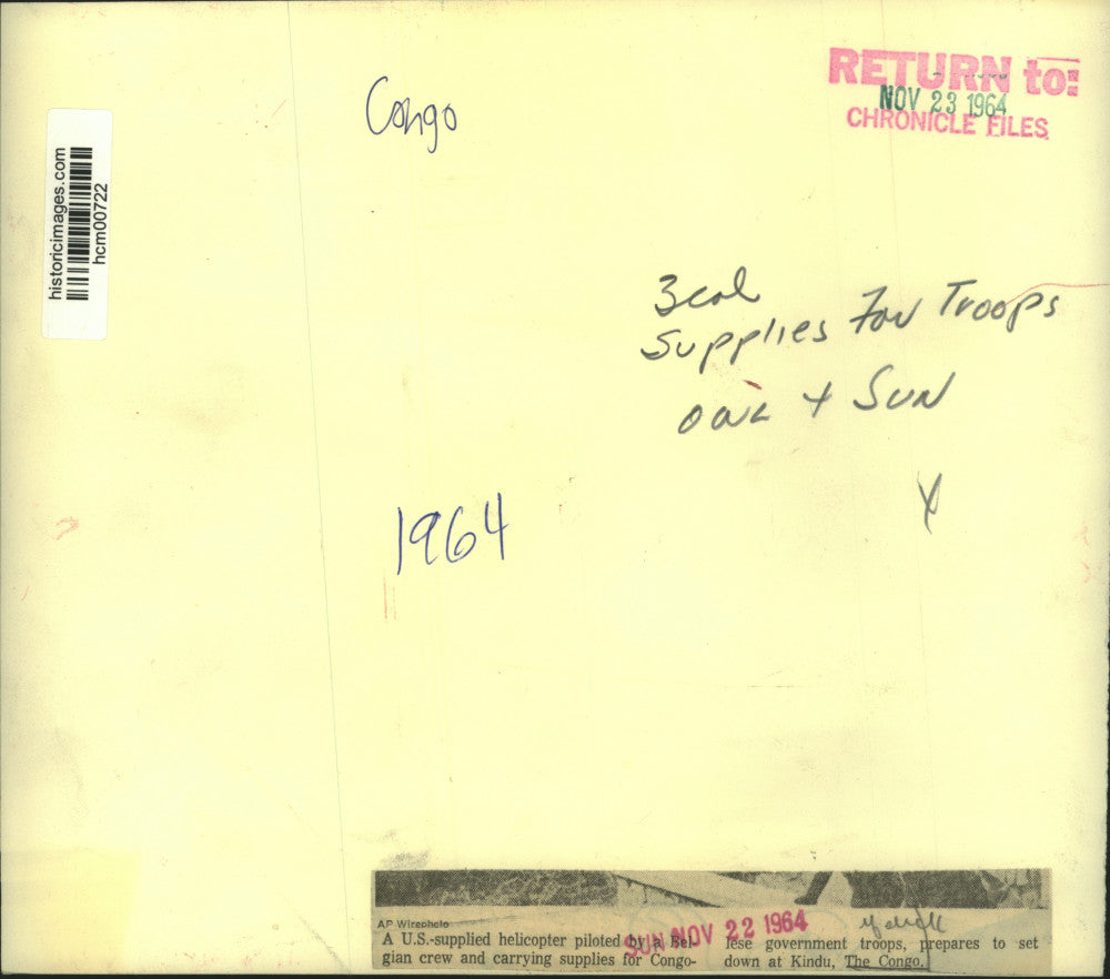 1964 Press Photo US helicopter carries supplies for troops at Kindu, The Congo