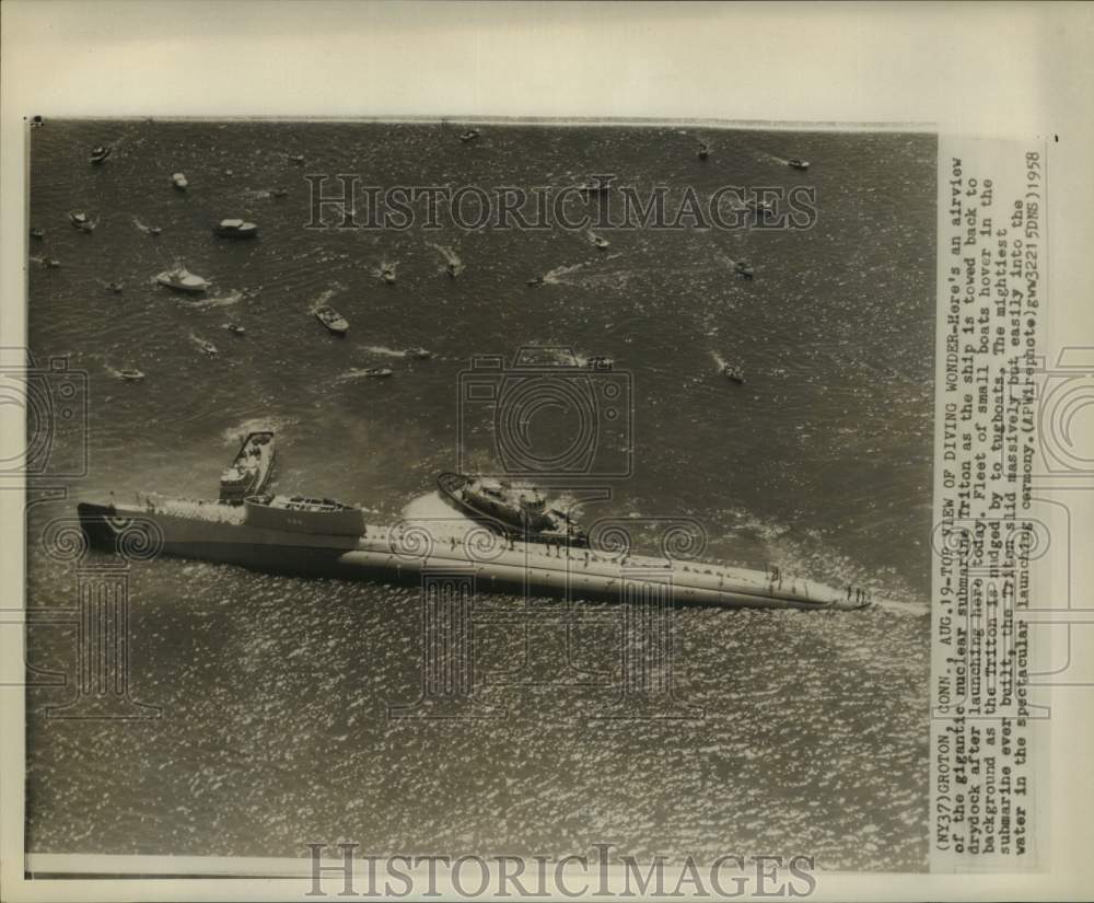 1958 Press Photo Triton submarine towed to drydock - Groton, CT - hcm00761