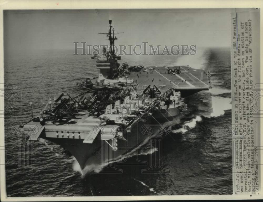 1956 Press Photo USS Forrestal, U.S. aircraft carrier during training exercise
