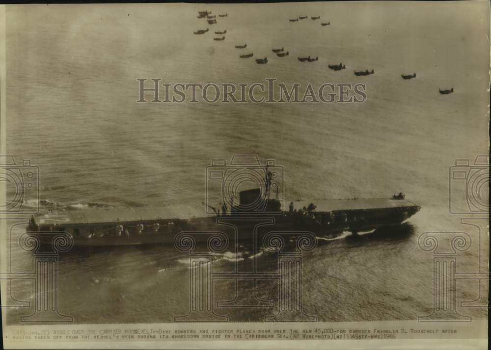 1946 Press Photo Planes soar over aircraft carrier Roosevelt; Caribbean Sea