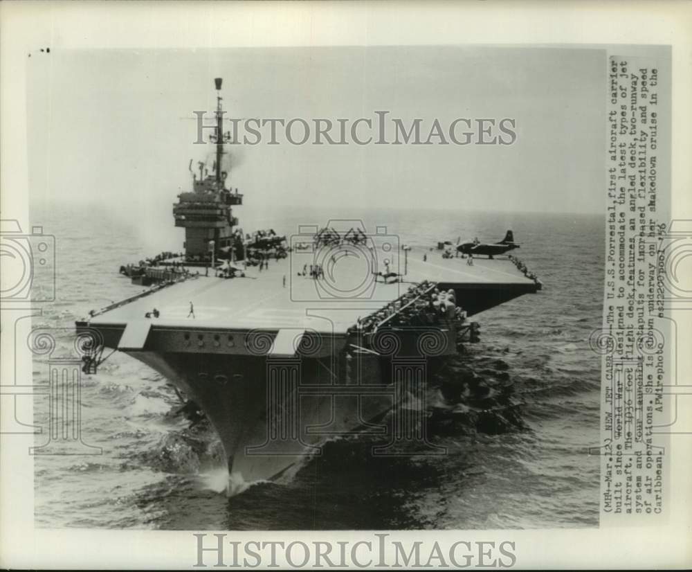 1956 Press Photo USS Forrestal, air craft carrier on shakedown in Caribbean