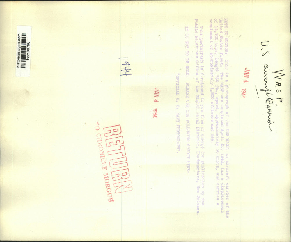 1944 Press Photo USS WASP United States aircraft carrier - hcm00790