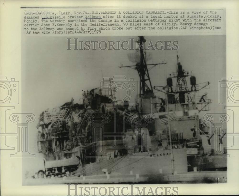 1975 Press Photo Damaged U.S. missile cruiser Belknap in Augusta, Italy